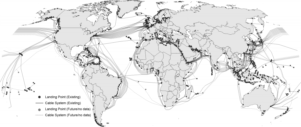 Global network of undersea communication cables and landing points. 